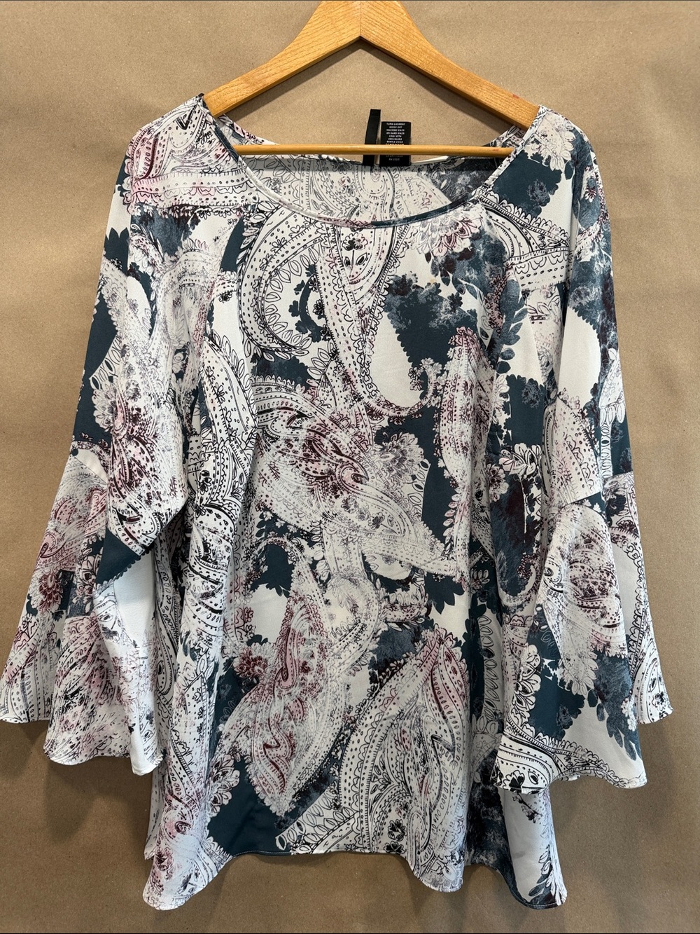 Women’s Paisley Bell-Sleeve Tunic Top - White, Navy & Burgundy
